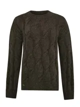 Sweater color crudo de lana de oveja y alpaca, con cuello redondo y diseño de trenzas.