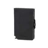 Billetera compacta de cuero genuino color gris oscuro con tarjetero de aluminio incorporado. Presenta un sistema de deslizamiento para tarjetas, compartimento para billetes y protección RFID. Incluye el logo de la marca grabado en el frente y cierre mediante broche a presión.