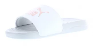 Chanclas Puma Popcat 20 blancas con logo rosado.