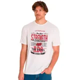 Remera azul petróleo de manga corta con estampa frontal con el logo de Caterpillar y texto en color naranja y blanco.