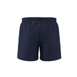 Shorts de running Adidas color azul marino con tres tiras blancas en los laterales y logo de la marca en la pierna derecha. Cordón de ajuste con la palabra "Running" repetida.
