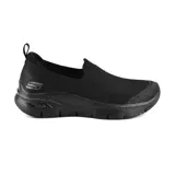 Championes Skechers Arch Fit Quick Stride negros, sin cordones, con capellada de tejido knit y plantilla Arch Fit removible.