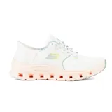 Championes deportivos Skechers Slip-ins Glide Step Pro para mujer, color blanco con detalles en celeste y suela rosa con aberturas. Cuentan con tecnología Hands Free Slip-ins, Heel Pillow, plantilla Air-Cooled Memory Foam y entresuela Glide-Step.