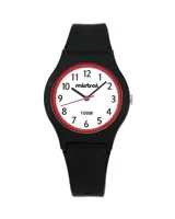 Reloj Mistral deportivo con correa de silicona negra, esfera blanca con números negros y borde rojo.