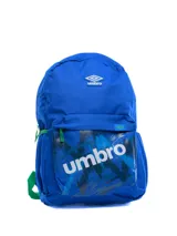 Mochila Umbro Ryo color azul con detalles en verde. Presenta logo de la marca en el frente y tiras ajustables.