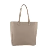 Cartera tipo shopper color beige con doble asa de hombro, detalle de tachas en los laterales y logo de la marca en el frente.