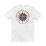 Remera blanca de algodón con estampa en la espalda con el logo de República Emexem en negro y rojo.