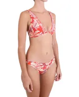Calzón de bikini reversible con estampado floral en tonos rojos, violetas y beige.