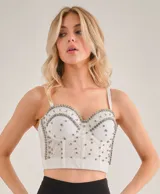 Corset blanco con detalles de pedrería plateada, tiras removibles y espalda ajustable.