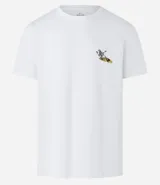 Remera blanca de algodón con cuello redondo y manga corta. Estampa en la espalda con diseño de esqueleto surfeando una ola junto a una palmera.