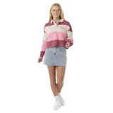 Buzo corto Rip Curl Keepsakes Rugby Top, con cuello tipo polo, manga larga y diseño a rayas horizontales en tonos rosa, borgoña y beige.