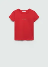 Camiseta blanca de algodón con logo 'Mango' estampado en dorado en el pecho.
