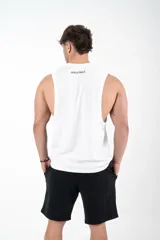 Musculosa unisex negra de algodón, con estampado serigráfico en el frente con la palabra "GAINS." y en la espalda con la palabra "PERSISTENCE".