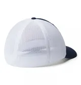Gorra de béisbol Columbia color beige con paneles traseros de malla azul marino y logo de la marca bordado en el frente.