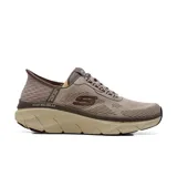 Championes deportivos Skechers Hands Free Slip-ins Relaxed Fit: D'Lux Walker 2.0 - Rezinate, color beige con detalles en marrón. Diseñados con tecnología Heel Pillow, capellada de tejido técnico y sintético con cordones elásticos, entresuela acolchada y plantilla Skechers Air-Cooled Memory Foam.