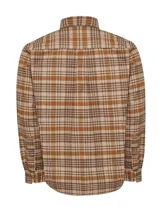 Camisa de franela a cuadros azul, beige y negro, de manga larga con puños abotonados, cuello camisero y cierre frontal con botones de madera. Tiene dos bolsillos de parche con botón en el pecho. Confeccionada en algodón orgánico cepillado.