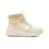 Bota acordonada marrón con detalles en charol y cuello de piel sintética blanca.