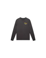 Remera de manga larga gris oscuro con cuello redondo y logo Deus Ex Machina estampado en el pecho.
