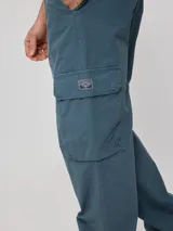 Pantalón cargo color gris, de corte holgado, con bolsillos laterales y traseros.