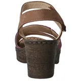 Sandalias de cuero con plataforma y taco de 6 cm. Tiras de cuero color marrón, naranja y amarillo.