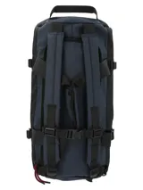 Bolso de viaje unisex RKF color azul marino, confeccionado en poliéster reciclado resistente al agua. Cuenta con compartimento principal con cierre, bolsillos interiores con cierre y de malla, correas de mochila ajustables, bolsillo delantero y trasero con cierre, correa ajustable y llavero mosquetón.