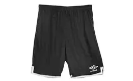 Short deportivo Umbro negro con cintura elástica, logo estampado en blanco y ribete blanco en el ruedo.