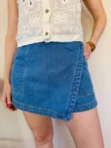 Shortpollera de jean azul con cierre trasero y bolsillos.