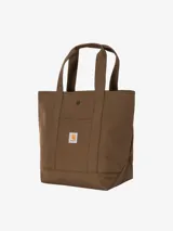 Bolso tote negro de lona de poliéster reciclado, con asas cortas y bolsillo frontal con etiqueta cuadrada tejida con el logo de Carhartt WIP.