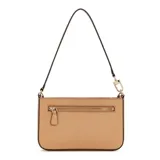 Cartera de hombro Guess Noelle, color beige con correa fina negra y cadena dorada decorativa. Presenta logo triangular de la marca en el frente y herrajes dorados.