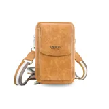 Bandolera porta celular color azul con bolsillo frontal con tapa, cierre perimetral, correa de galón regulable y desmontable, bolsillos interiores para documentos, reparticiones para tarjetas y billetes.