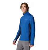 Remera de manga larga Columbia Three Pitch Half Zip color azul con paneles laterales en azul oscuro. Cuenta con tecnología Omni-Wick para mantenerte seco y fresco, costuras unidas para mayor comodidad, orificios para los pulgares en los puños, detalles reflectantes y cuello con media cremallera.