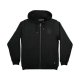 Campera negra con capucha, cierre frontal y logo de Independent Truck Company estampado en el pecho.