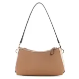 Cartera Guess modelo Noelle II, color beige con detalles en blanco y negro, con correa de mano negra y correa bandolera negra.