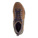 Zapato de senderismo Merrell Intercept de cuero marrón con forro de malla transpirable, lengüeta con fuelle, puntera resistente a la abrasión, plantilla anatómica Ortholite, cámara de aire Merrell Air Cushion en el talón y suela Vibram.