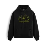 Canguro negro con capucha y bolsillo delantero, con estampado amarillo de tres perros y la frase "Underground por Naturaleza".