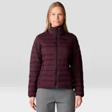 Campera negra con capucha, de plumas, con cierre frontal y bolsillos laterales con cierre.