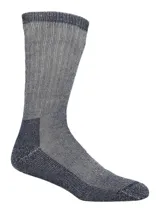 Calcetín de bambú de tejido grueso, color azul oscuro con detalles en gris claro. Presenta propiedades antibacterianas, alta absorción y permeabilidad, y es anti-alergénico, ideal para regular la temperatura corporal.