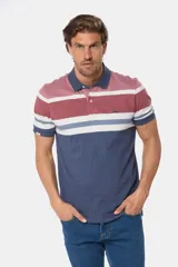 Remera polo a rayas horizontales en tonos bordó, blanco y azul. Con botones personalizados y logo bordado en el pecho.