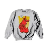 Buzo gris con estampado de un personaje rojo con cuernos y la palabra "WHOOPS!".