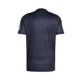 Camiseta de fútbol Adidas del Real Madrid, modelo visitante temporada 25/26. Diseño en tonos azulados con patrón muaré y detalles plateados.