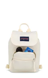 Mochila mini de poliéster color negro con logo JanSport en el frente, asa de mano y bolsillo frontal con cierre.