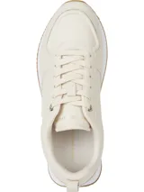 Zapatillas deportivas Tommy Hilfiger color crema, de estilo running, con cordones y suela de goma color caramelo. Presentan el logo de la marca en el lateral y detalles distintivos de Tommy Hilfiger.