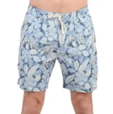 Short de baño con estampado floral tropical en tonos azules y blancos, con cintura elástica ajustable con cordón.
