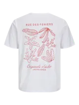 Camiseta blanca de algodón con elastano, cuello redondo, manga corta y calce regular. Estampa en la espalda con la frase "RUE DES FENIERS" y un diseño de motivos marinos en color rojo.