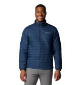 Campera puffer azul marino para hombre, marca Columbia, modelo Silver Falls II. Confeccionada con tecnología Omni-Shield™ que repele la humedad y resistente a las manchas. Aislamiento Thermarator™ de poliéster 100 % reciclado. Cuenta con bolsillos con cremallera, puños elásticos y dobladillo ajustable con cordón.