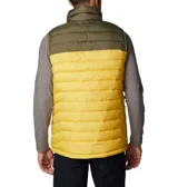 Chaleco Columbia Powder Lite para hombre, con tecnología Omni-Heat reflectante, aislamiento Thermarator, tela resistente al agua, ribete en cuello y puños, bolsillos con cierre y dobladillo ajustable. Diseño en dos tonos: verde oliva en la parte superior y amarillo en la parte inferior.