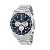 Reloj Maserati Velocita con caja de acero inoxidable plateada de 43mm, esfera azul con subesferas funcionales (cronógrafo, segundero, 30 minutos y 24 horas), ventana de fecha, taquímetro en el bisel y brazalete plateado. Resistente al agua hasta 100 metros.