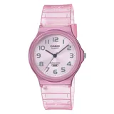 Reloj Casio con caja y correa de resina translúcida color rosa, esfera blanca con números arábigos negros y agujas negras.