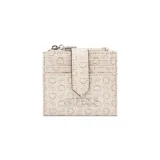 Billetera Guess Factory con estampado del logo de la marca en tonos beige y marrón claro. Tiene múltiples ranuras para tarjetas y un compartimento con cierre para monedas.