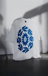 Remera blanca de corte holgado con estampado azul de diseño geométrico y aves.